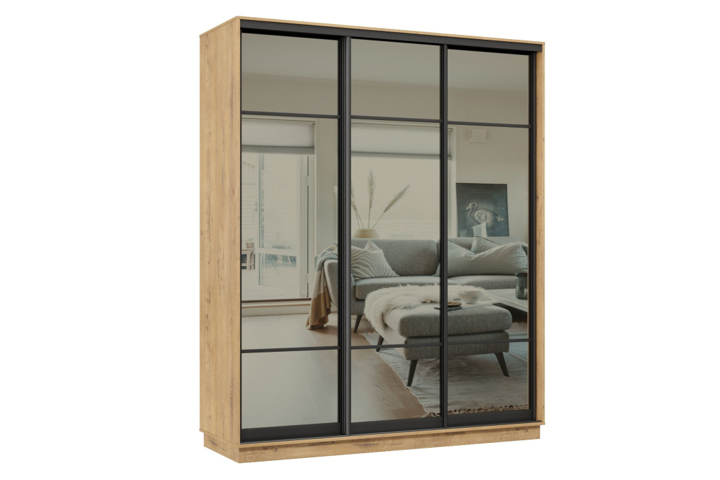 Шкафы-купе 3-х дверные, Шкаф-купе Премьер 21 (11ЗГ;11ЗГ;11ЗГ) фасады зеркало графит/трёхдверный/Профиль чёрный муар