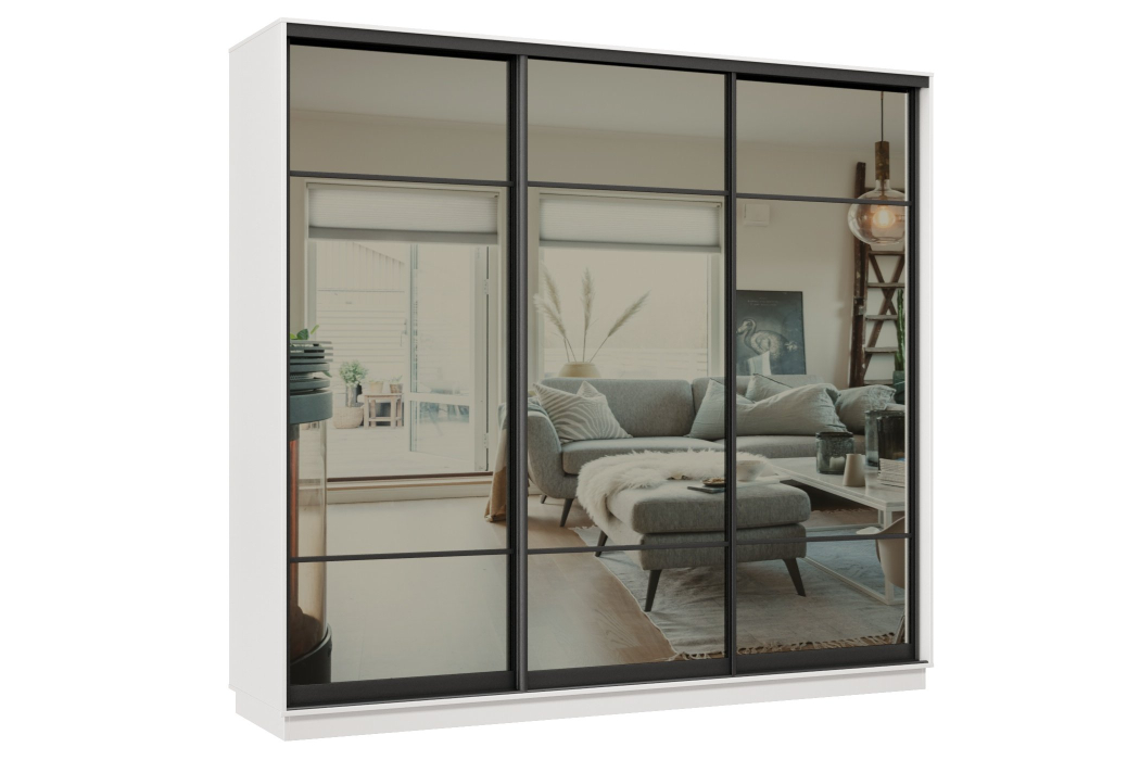 Шкафы-купе 3-х дверные, Шкаф-купе Премьер 58 (11ЗГ;11ЗГ;11ЗГ) фасады зеркало графит/трёхдверный/Профиль чёрный муар