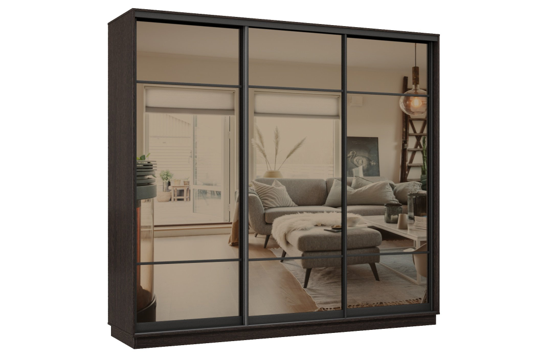 Шкафы-купе 3-х дверные, Шкаф-купе Премьер 59 (11ЗБ;11ЗБ;11ЗБ) фасады зеркало бронза/трёхдверный/Профиль чёрный муар