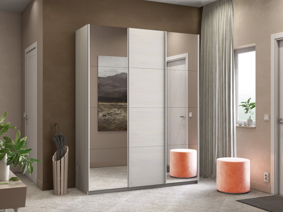 Шкафы-купе 3-х дверные, Шкаф-купе Прайм 3-х дверный Зеркала/ДСП/Доводчики 180х57х230