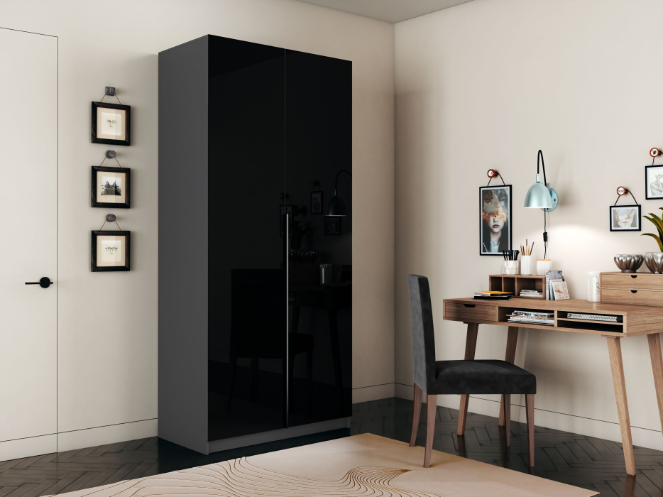 Шкафы распашные, Шкаф распашной Е1 Локер 101x52.5x220 см, с черным стеклом , полками и модулем