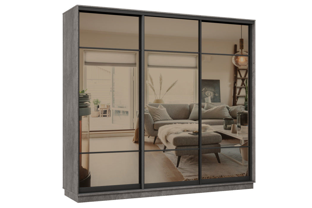 Шкафы-купе 3-х дверные, Шкаф-купе Премьер 60 (11ЗБ;11ЗБ;11ЗБ) фасады зеркало бронза/трёхдверный/Профиль чёрный муар