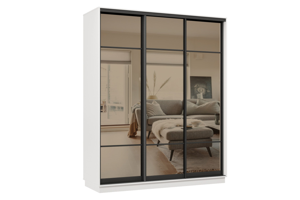 Шкафы-купе 3-х дверные, Шкаф-купе Премьер 22 (11ЗБ;11ЗБ;11ЗБ) фасады зеркало бронза/трёхдверный/Профиль чёрный муар