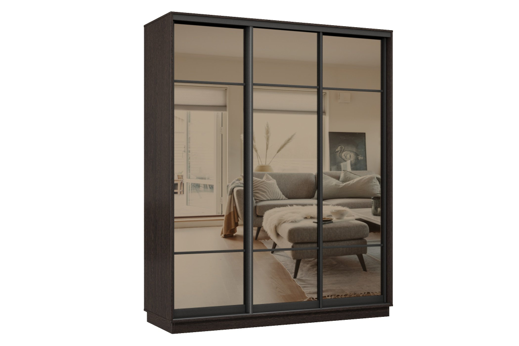 Шкафы-купе 3-х дверные, Шкаф-купе Премьер 22 (11ЗБ;11ЗБ;11ЗБ) фасады зеркало бронза/трёхдверный/Профиль чёрный муар