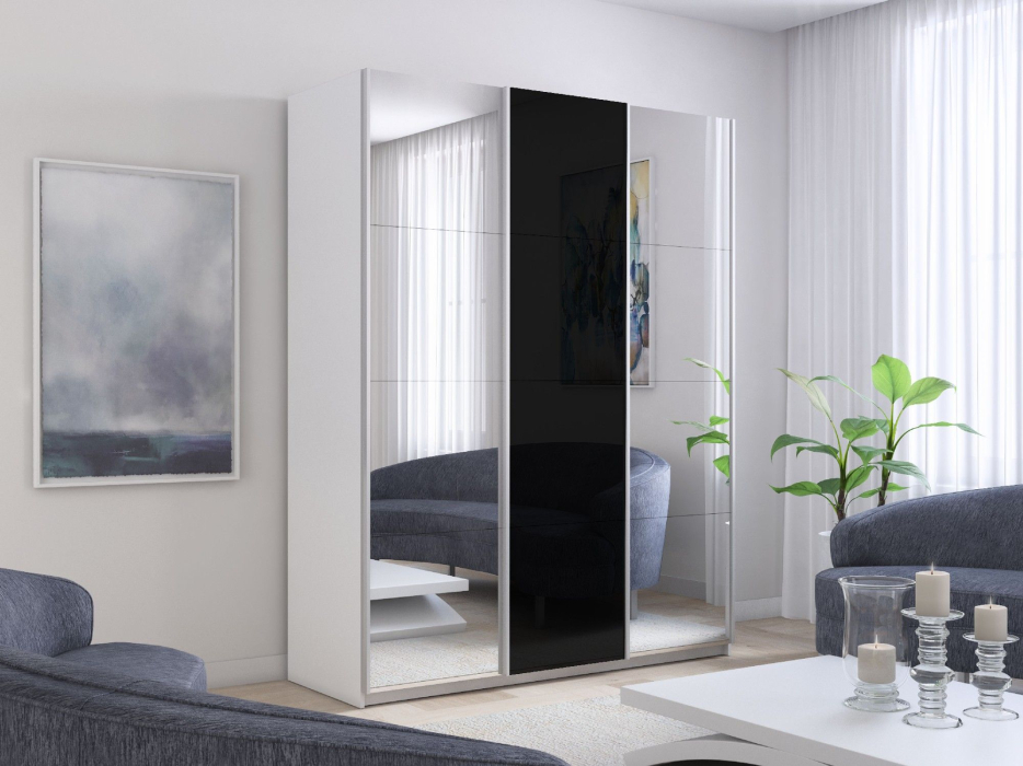 Шкафы-купе 3-х дверные, Шкаф-купе Прайм 3-х дверный Зеркала/Стекло черное/Доводчики 180х57х230