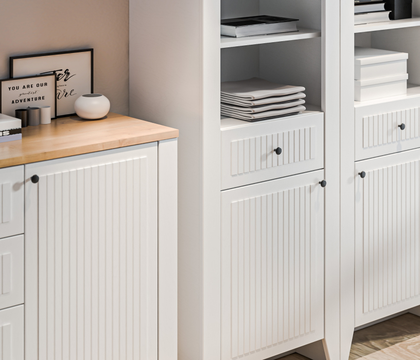 Стенки для гостиной, Набор для гостиной (пеналы с комодом) Монтана Белый Альпийский,Дуб Гамильтон/МДФ Дуб Белый