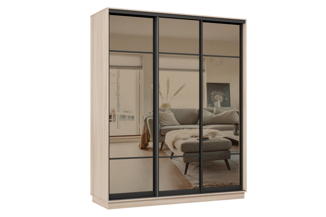 Шкафы-купе 3-х дверные, Шкаф-купе Премьер 22 (11ЗБ;11ЗБ;11ЗБ) фасады зеркало бронза/трёхдверный/Профиль чёрный муар