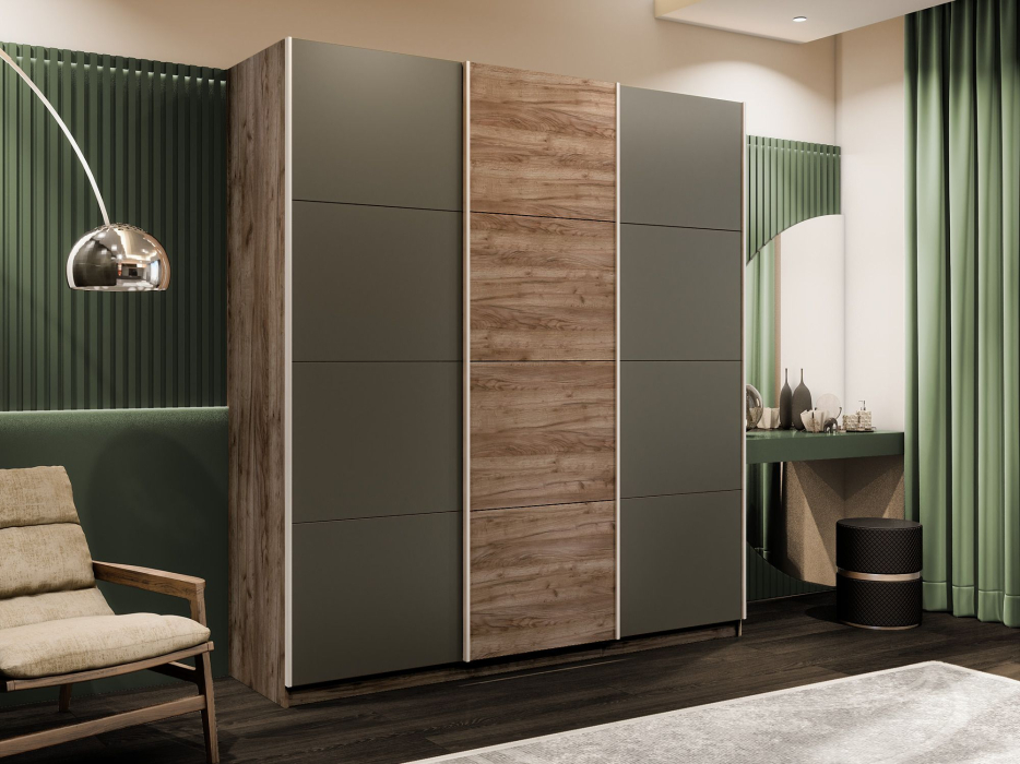 Шкафы-купе 3-х дверные, Шкаф-купе Эста 3-х дверный ДСП/Стекла хаки/Доводчик 240х66х240