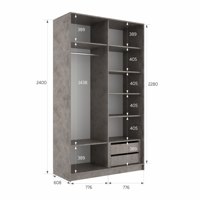 Шкафы-купе 2-х дверные, Шкаф-купе Эста 2-х дверный Стекла пудра/Доводчик 160х66х240