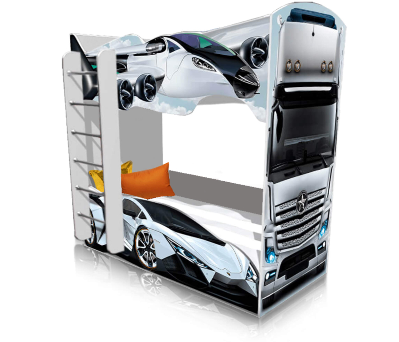 Кровати-автобус, Кровать машина детская ДВУХЪЯРУСНАЯ СПОРТ БЕЛАЯ 4.0