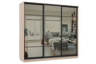 Шкаф-купе Премьер 58 (11ЗГ;11ЗГ;11ЗГ) фасады зеркало графит/трёхдверный/Профиль чёрный муар