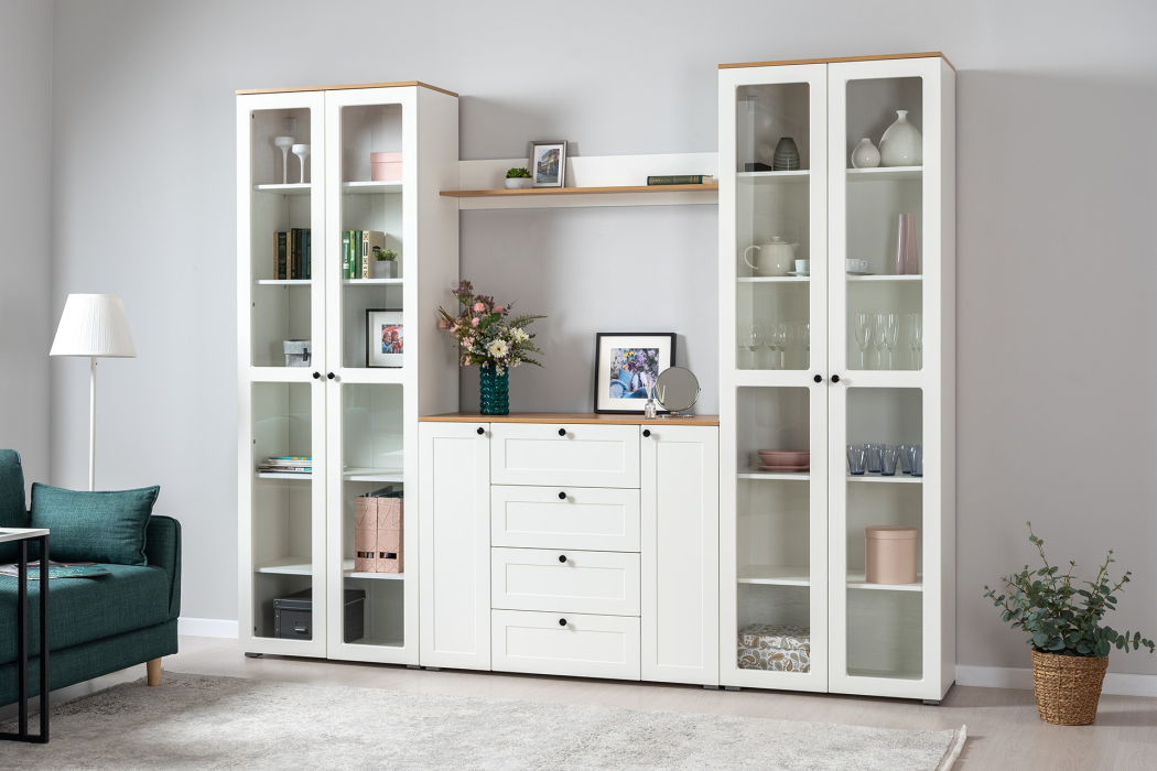 Шкафы распашные, Шкаф-витрина Остин 16.394.02, белая шагрень, дуб золотой крафт