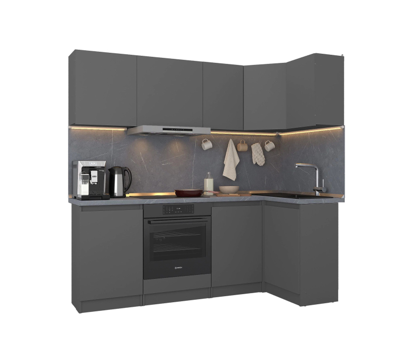 Кухонные гарнитуры, Кухонный гарнитур Леон угловой 210х100 см, диамант серый