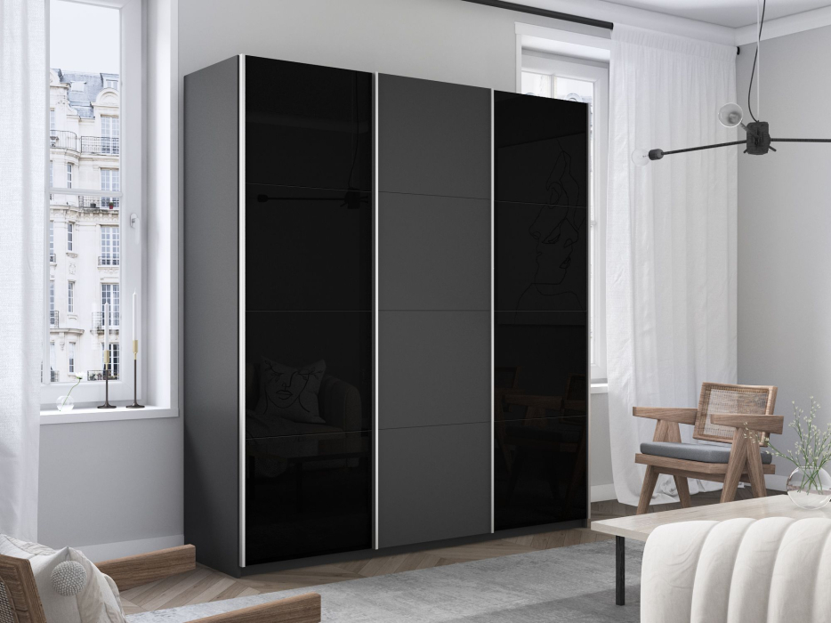 Шкафы-купе 3-х дверные, Шкаф-купе Прайм 3-х дверный Стекла черные/ДСП/Доводчики 210х57х230
