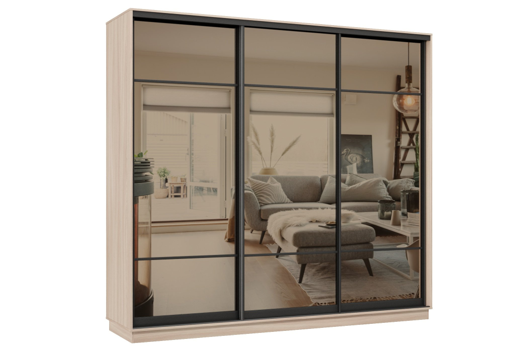 Шкафы-купе 3-х дверные, Шкаф-купе Премьер 35 (11ЗБ;11ЗБ;11ЗБ) фасады зеркало бронза/трёхдверный/Профиль чёрный муар