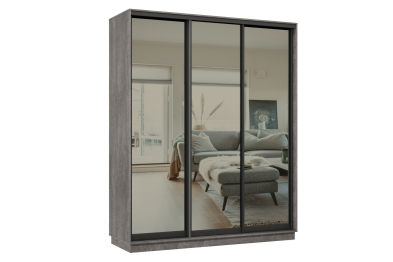 Шкаф-купе Премьер 22 (01ЗГ;01ЗГ;01ЗГ) фасады зеркало графит/трёхдверный/Профиль чёрный муар