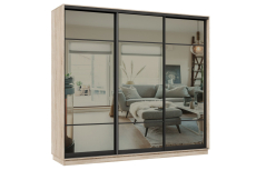 Шкафы-купе 3-х дверные, Шкаф-купе Премьер 33 (11ЗГ;11ЗГ;11ЗГ) фасады зеркало графит/трёхдверный/Профиль чёрный муар