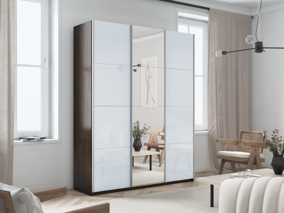 Шкафы-купе 3-х дверные, Шкаф-купе Прайм 3-х дверный Стекла белые/Зеркало/Доводчики 180х57х230