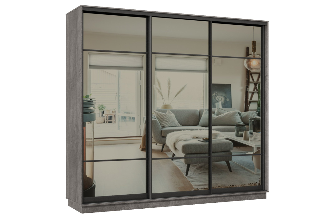 Шкафы-купе 3-х дверные, Шкаф-купе Премьер 57 (11ЗГ;11ЗГ;11ЗГ) фасады зеркало графит/трёхдверный/Профиль чёрный муар