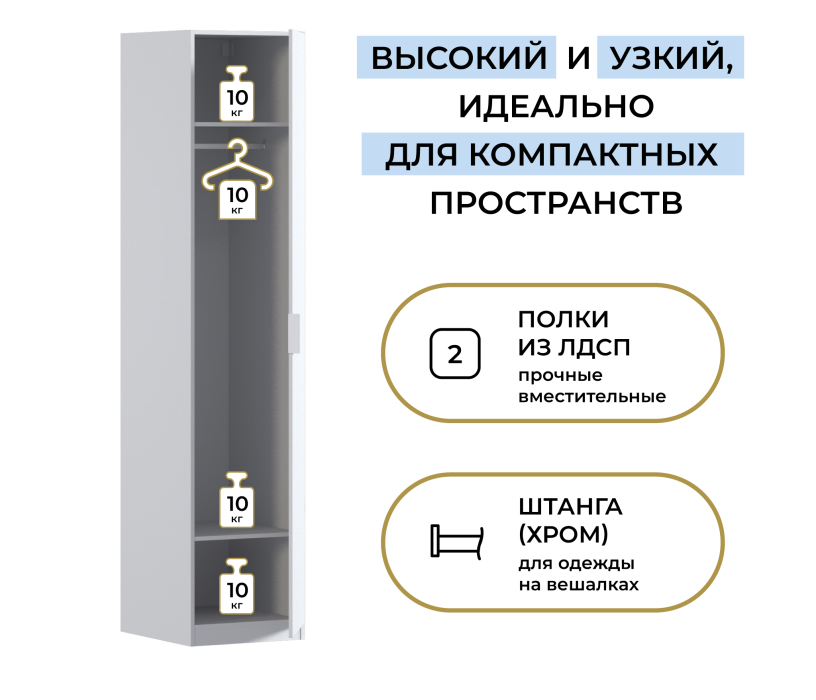 Для одежды, Шкаф однодверный Макс 500 мм, вариант №1 (ЛДСП/МДФ)