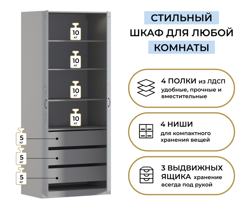 Спальня, Шкаф двухдверный Макс 1000 мм, вариант №5 (ЛДСП/МДФ)