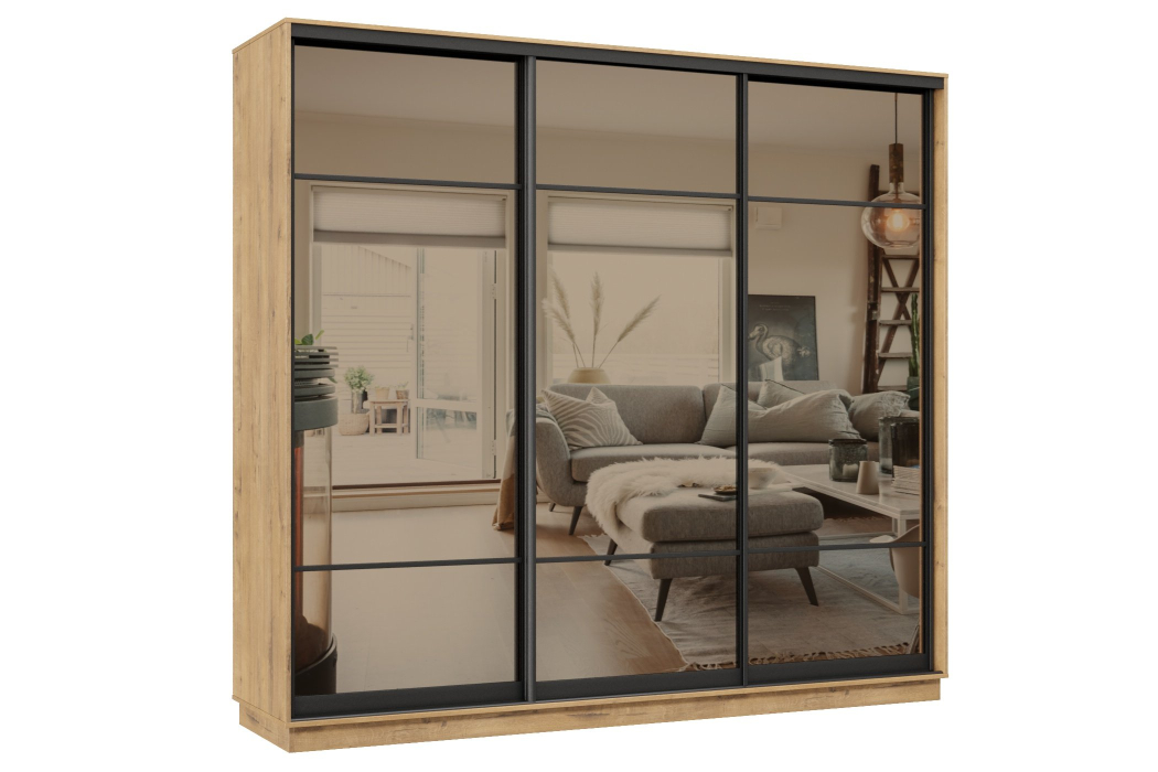 Шкафы-купе 3-х дверные, Шкаф-купе Премьер 58 (11ЗБ;11ЗБ;11ЗБ) фасады зеркало бронза/трёхдверный/Профиль чёрный муар