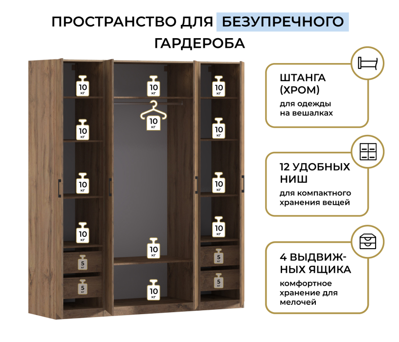 Для одежды, Шкаф четырехдверный Макс 2000 мм, вариант №2 (ЛДСП, корпус дуб вотан)