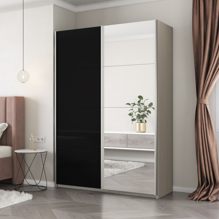 Шкафы-купе 2-х дверные, Шкаф-купе Прайм 2-х дверный Зеркало/Стекло черное/Доводчики 120х57х230