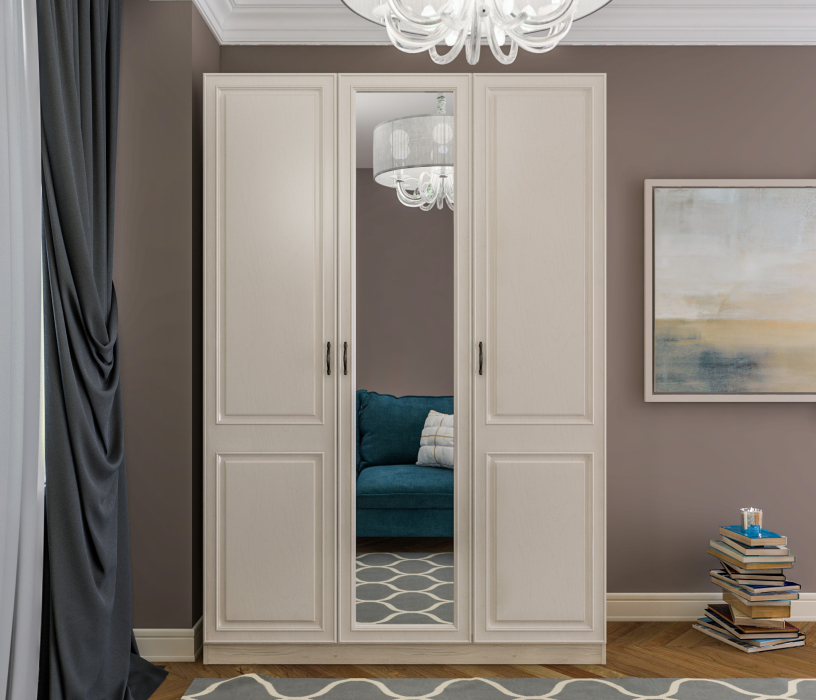 В спальню, Шкаф 3х дверный с зеркалом Гранд / Ливерпуль СБ-3512 Дуб Приморский Белый/МДФ Классика Светлый