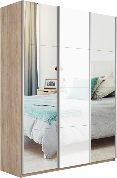 Шкафы-купе 3-х дверные, Шкаф-купе Прайм 3-х дверный Зеркала/Стекло белое/Доводчики 210х57х230