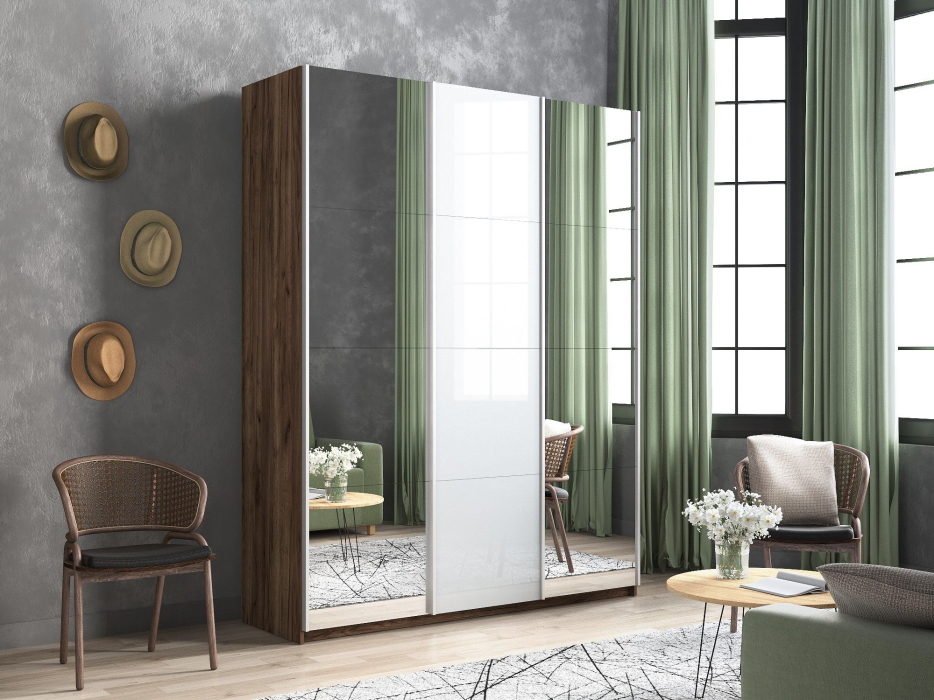 Шкафы-купе 3-х дверные, Шкаф-купе Прайм 3-х дверный Зеркала/Стекло белое/Доводчики 210х57х230